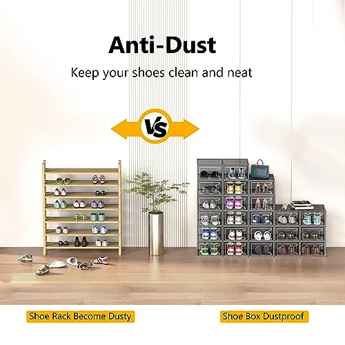 12 Pack Extra XX Large Shoe Organizer Storage Boxes for Closet, Modular Space Saving Shoe Boxes Clear Plastic Stackable Sneaker Containers Display Case with Lids, Black