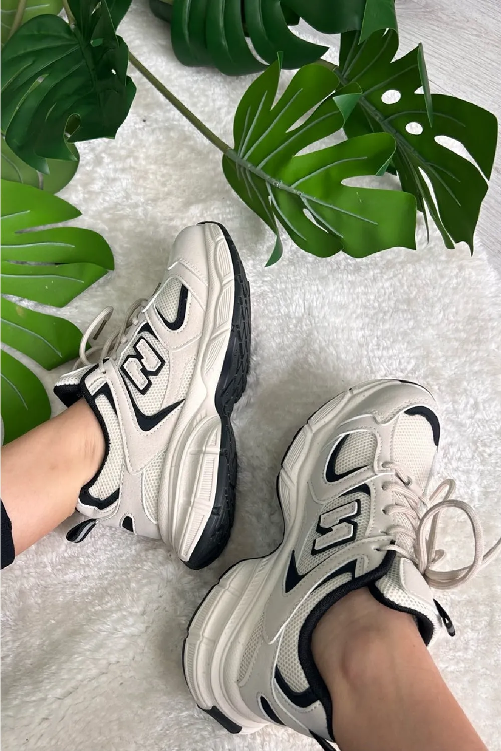 BEIGE BLACK LACE UP FASHION STYLISH CHUNKY FLAT TRAINERS