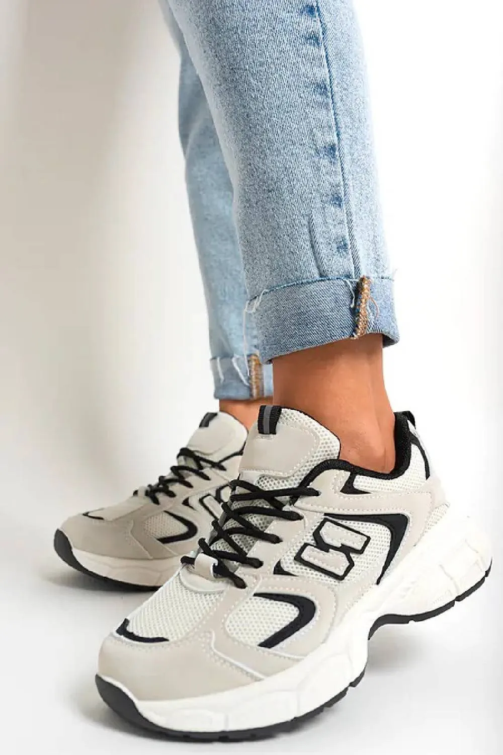 BEIGE BLACK LACE UP FASHION STYLISH CHUNKY FLAT TRAINERS
