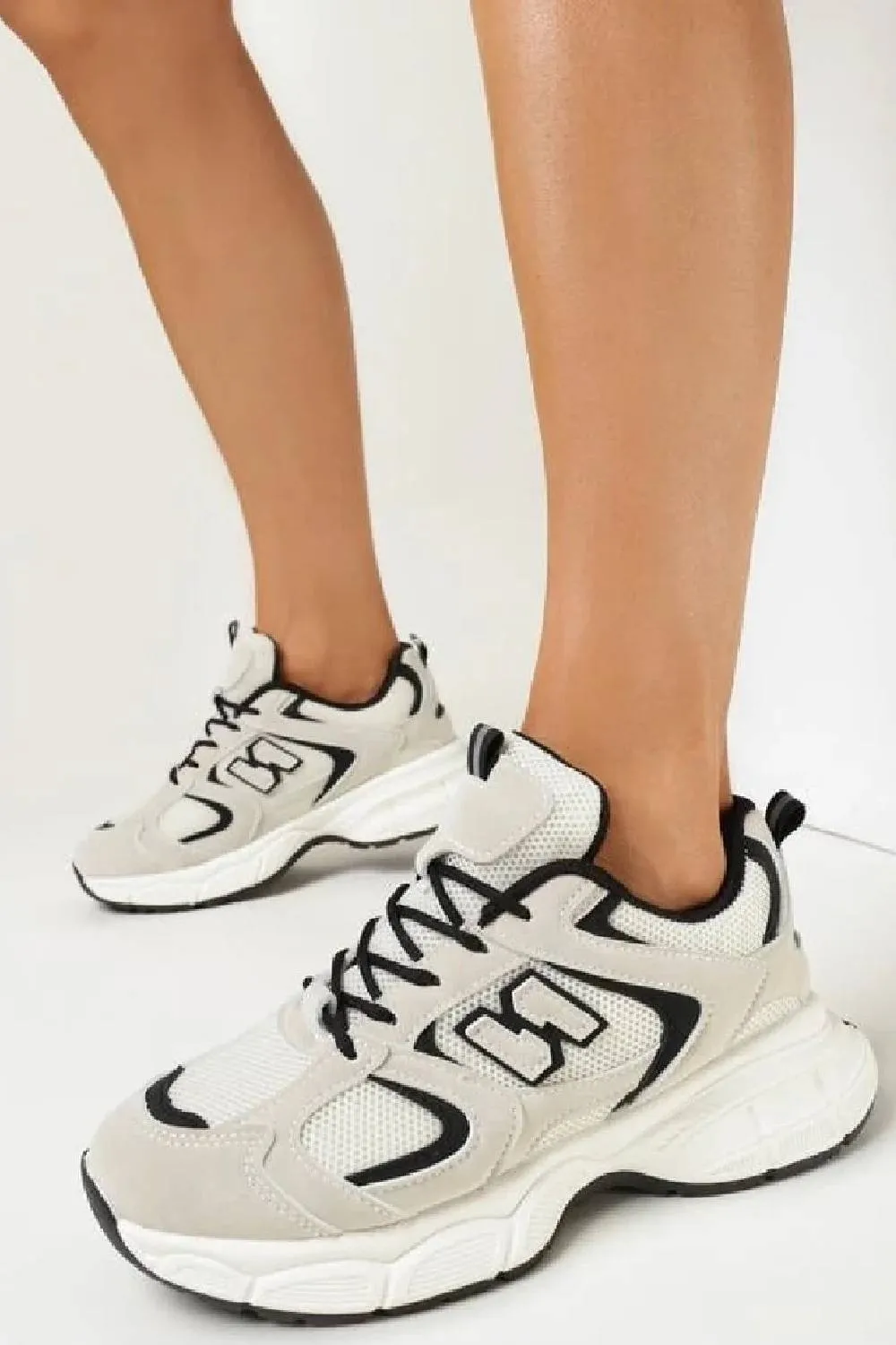 BEIGE BLACK LACE UP FASHION STYLISH CHUNKY FLAT TRAINERS