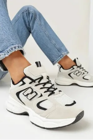 BEIGE BLACK LACE UP FASHION STYLISH CHUNKY FLAT TRAINERS