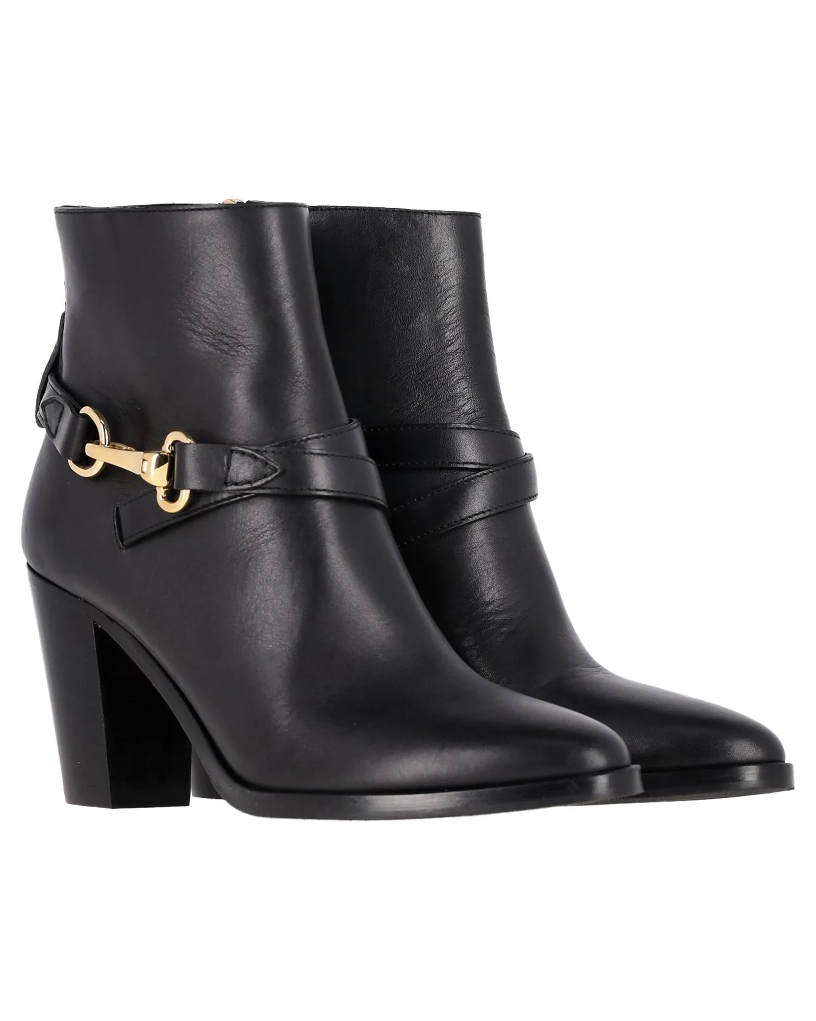Buckle Block Heel Ankle Boots in Leather