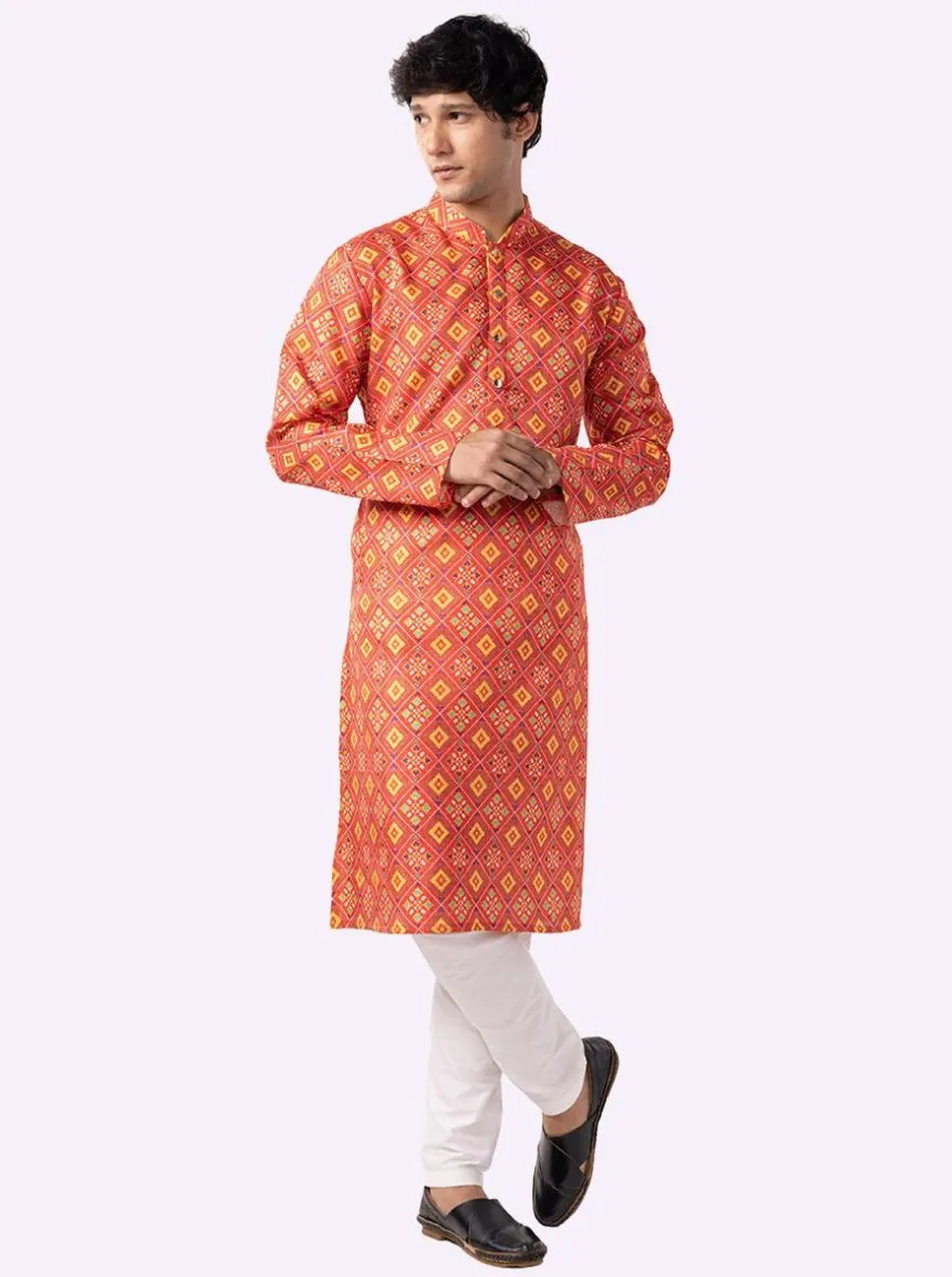 Carrot Red & Parrot green Printed Cotton Blend Kurta For Men