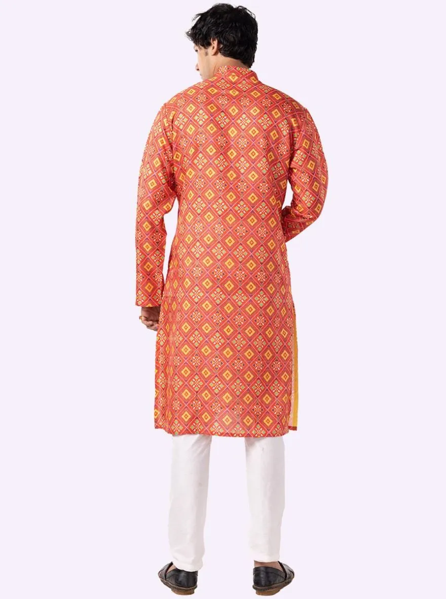 Carrot Red & Parrot green Printed Cotton Blend Kurta For Men