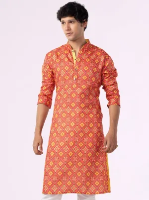 Carrot Red & Parrot green Printed Cotton Blend Kurta For Men
