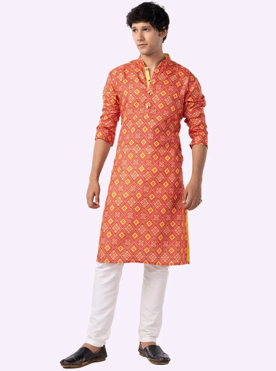 Carrot Red & Parrot green Printed Cotton Blend Kurta For Men