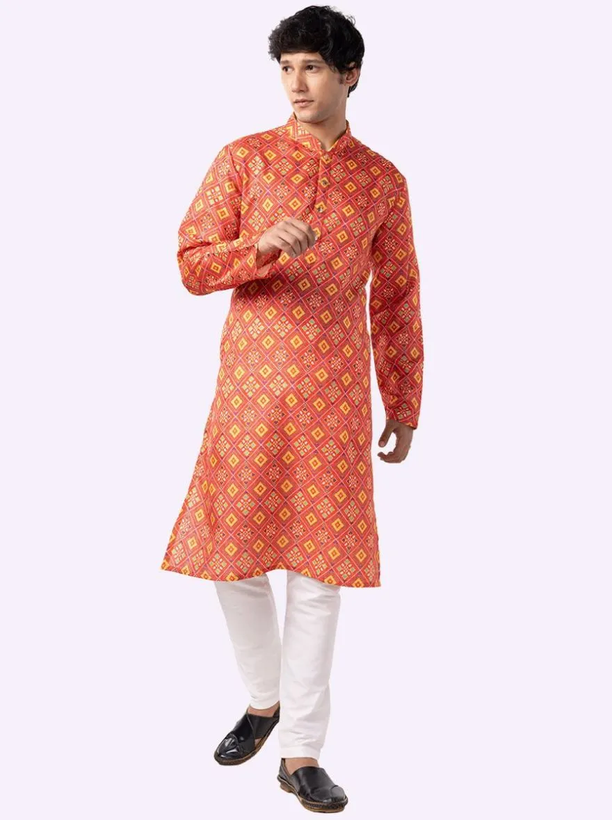 Carrot Red & Parrot green Printed Cotton Blend Kurta For Men