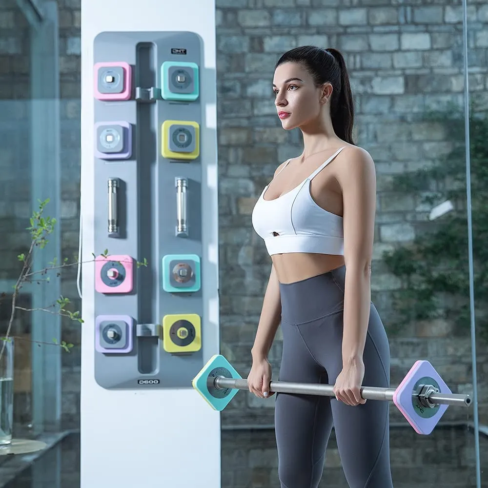 DHT D600S Wall Mount Macaron Style 6 Color Adjustable 1.8-22 lb Dumbbells, 6-54 lb Barbell Set