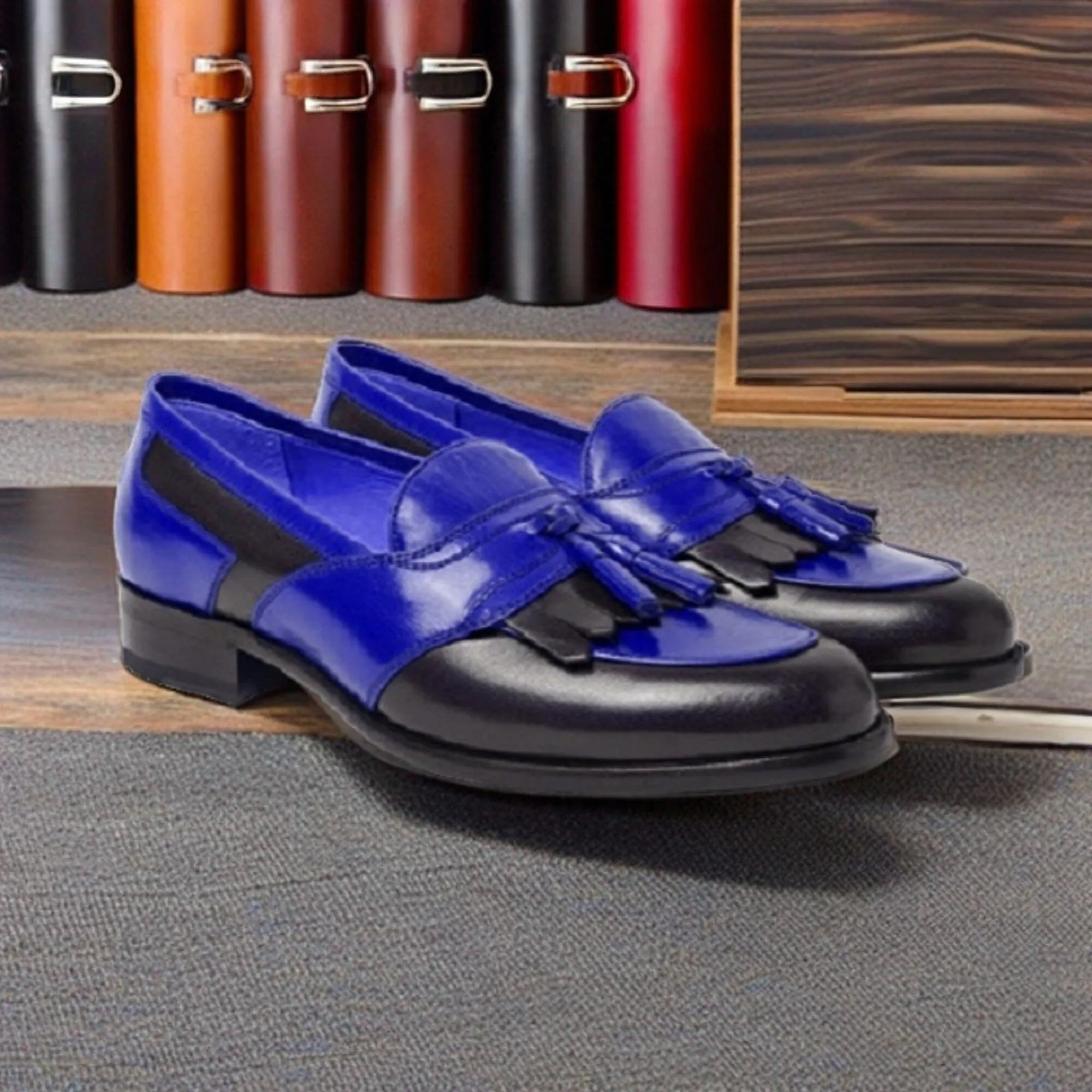 Handmade Men's Tassel Loafer Slip On Blue Black Fringed Genuine Leather Rounded Apron Toe Men Style Shoes