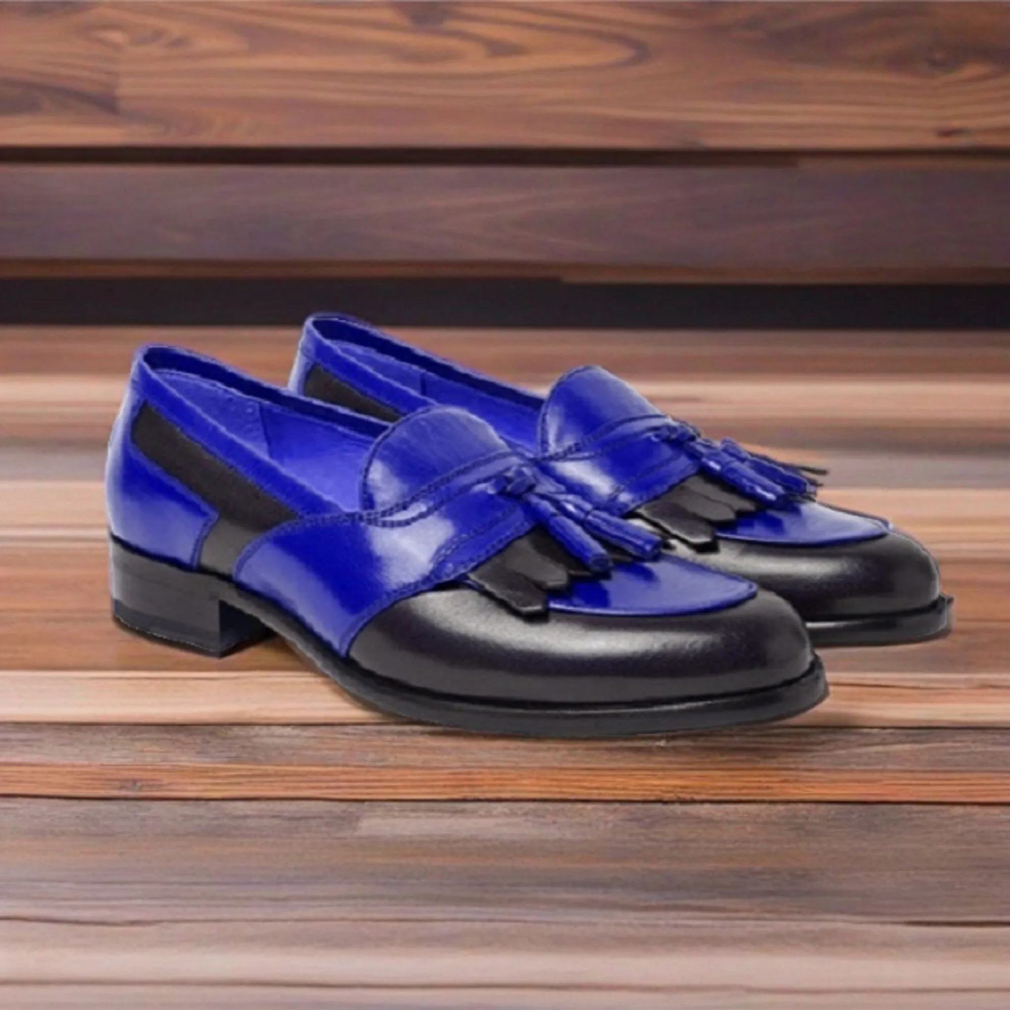 Handmade Men's Tassel Loafer Slip On Blue Black Fringed Genuine Leather Rounded Apron Toe Men Style Shoes