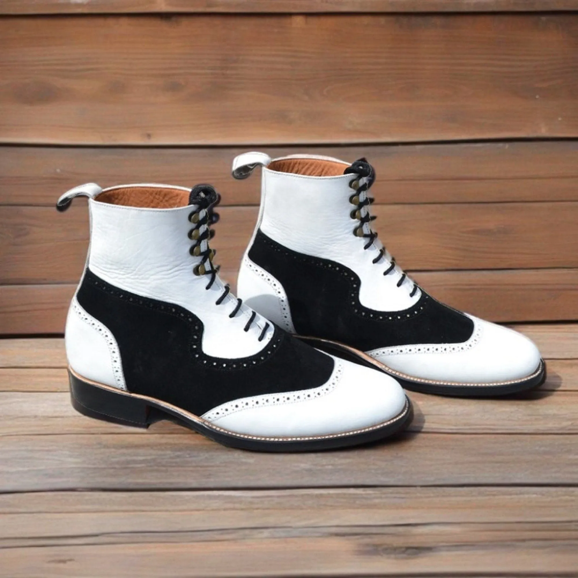 Handmade White and White Leather & Black Suede Formal Ankle High Lace up Boots Gift for Men