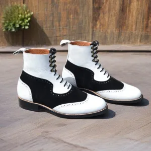 Handmade White and White Leather & Black Suede Formal Ankle High Lace up Boots Gift for Men