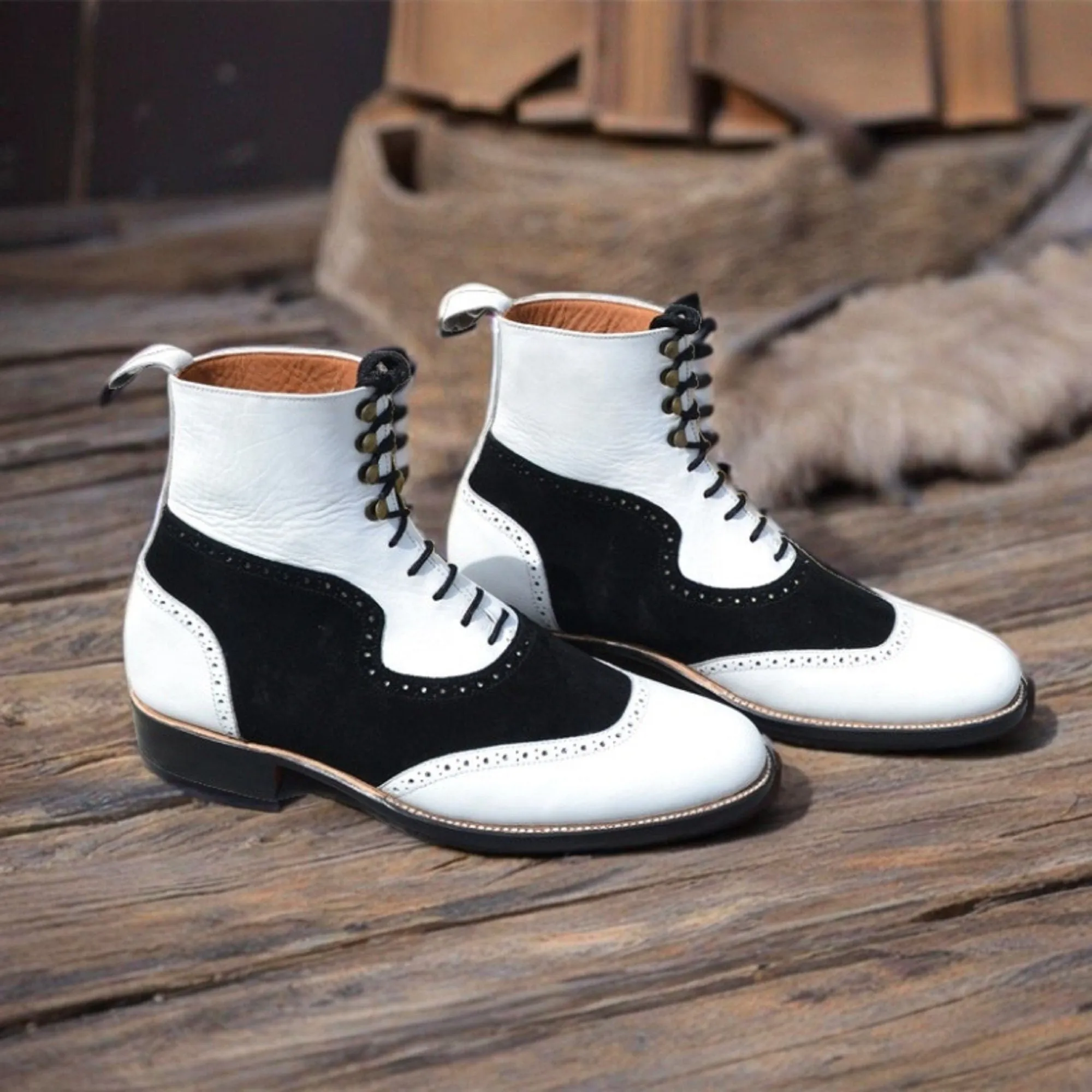 Handmade White and White Leather & Black Suede Formal Ankle High Lace up Boots Gift for Men
