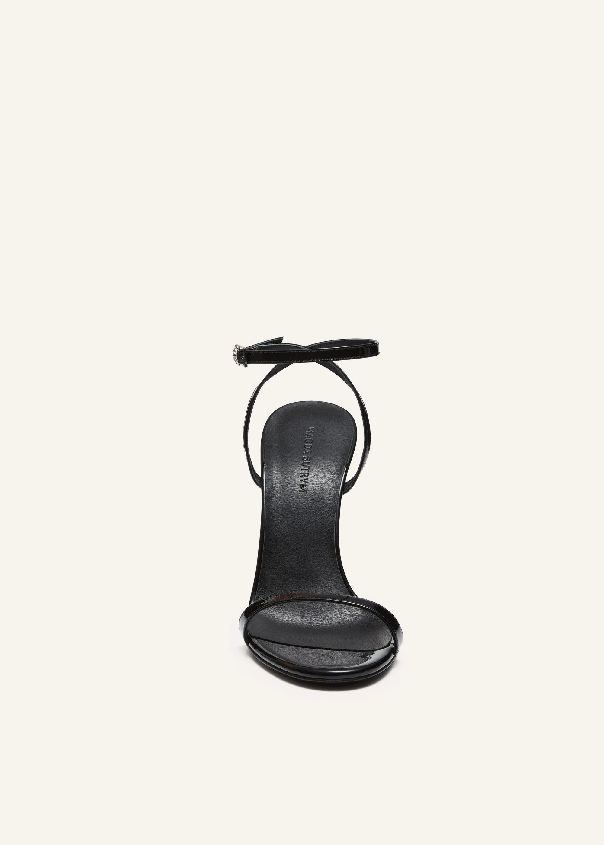 Inverted wedge strappy sandals in black patent leather