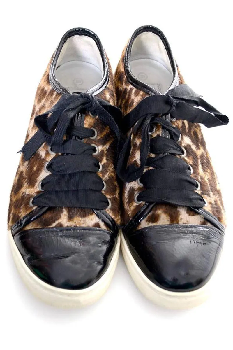 Lanvin Pony Hair Cheetah Print Sneaker Shoes w/ Patent Leather Toe 38 US 7.5