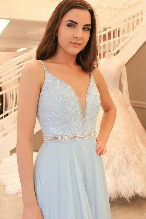 Light Blue A-line V-neck Chiffon Sweep Train Open Back Beading Prom Dress M220