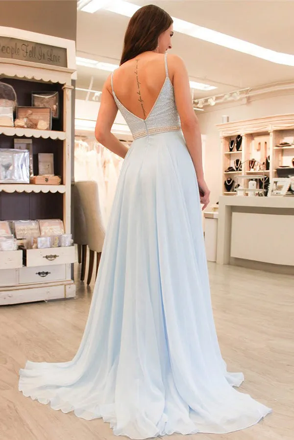 Light Blue A-line V-neck Chiffon Sweep Train Open Back Beading Prom Dress M220