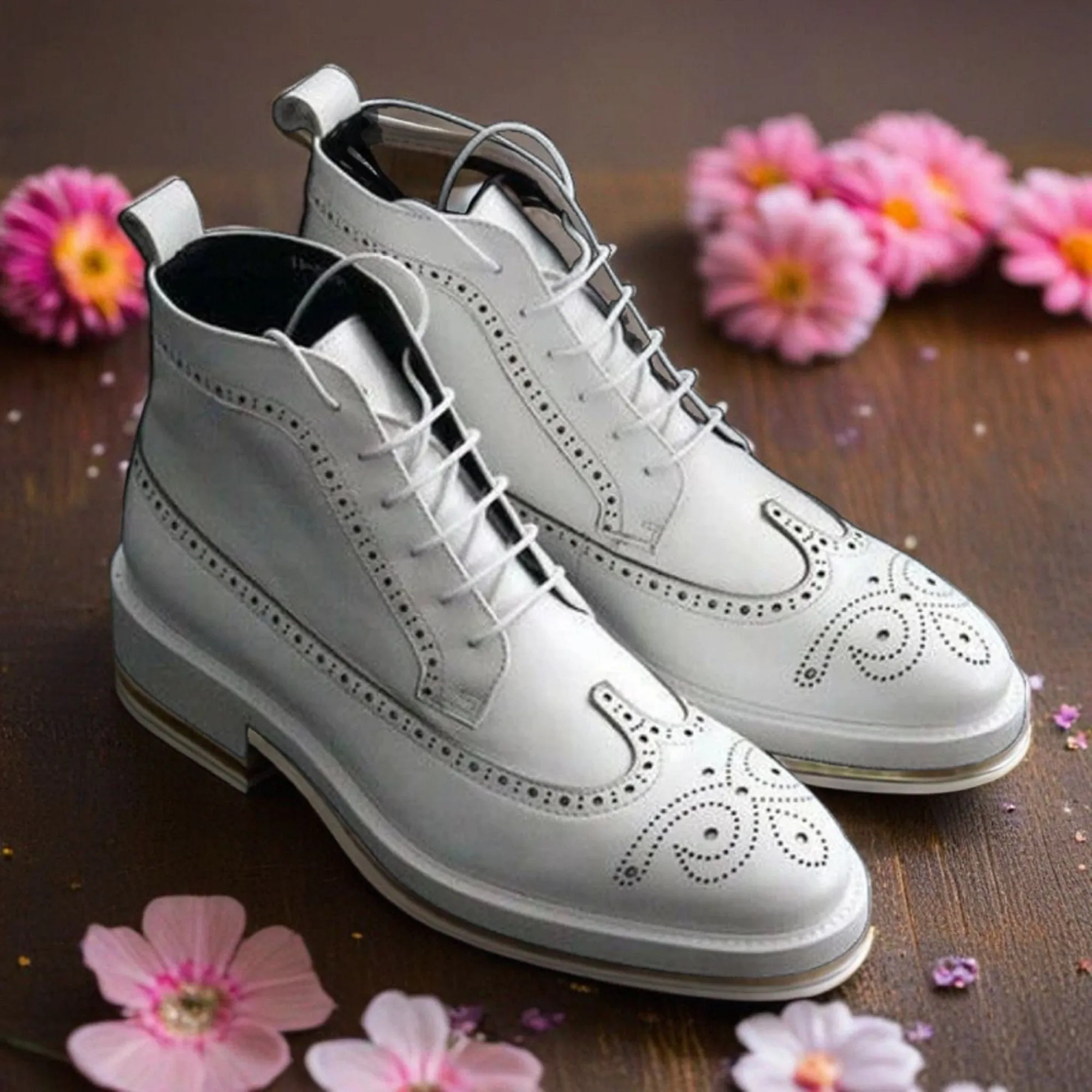 Men's Genuine White Leather Ankle High Long Brogue Wingtip Boots: White Leather Spectator Elegance
