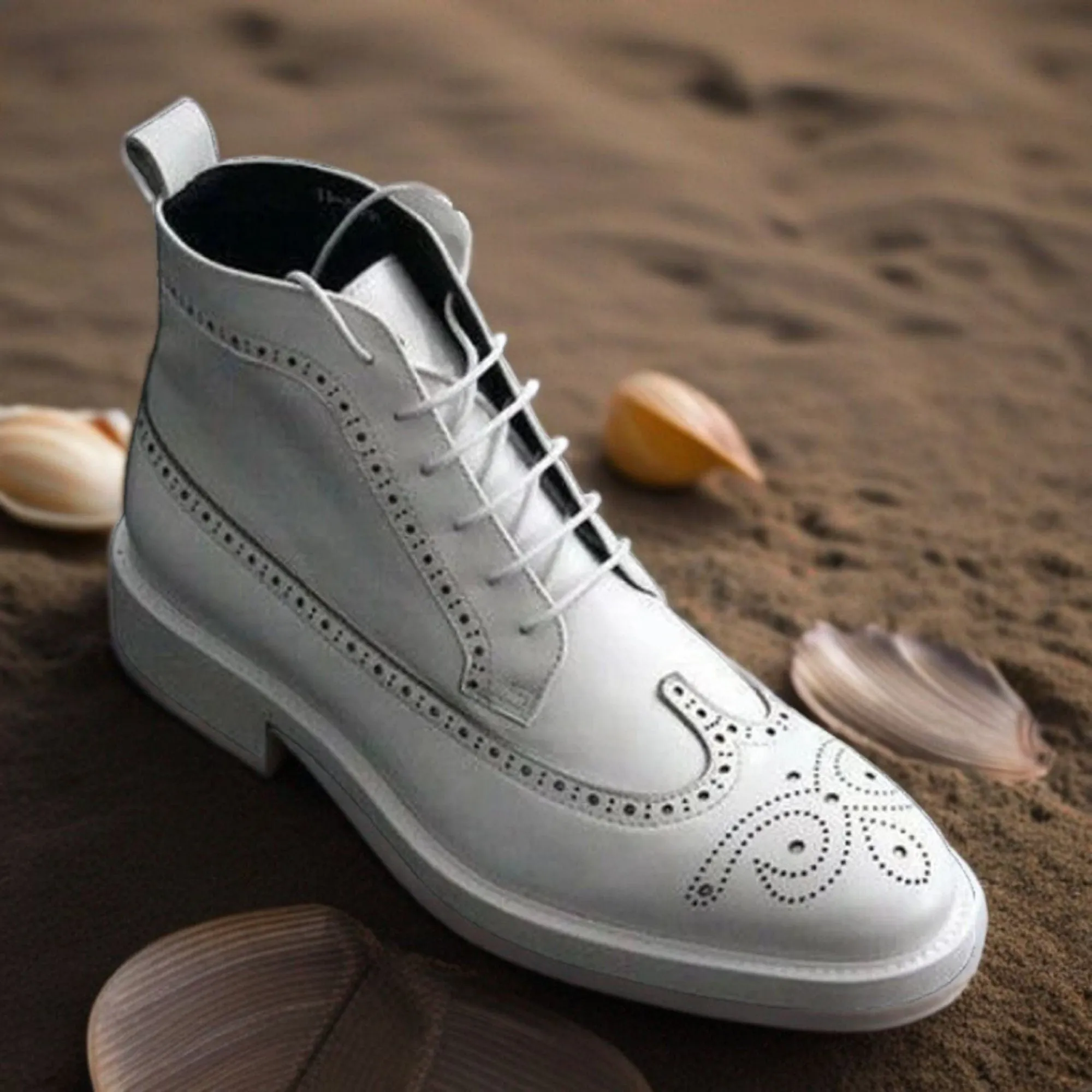 Men's Genuine White Leather Ankle High Long Brogue Wingtip Boots: White Leather Spectator Elegance