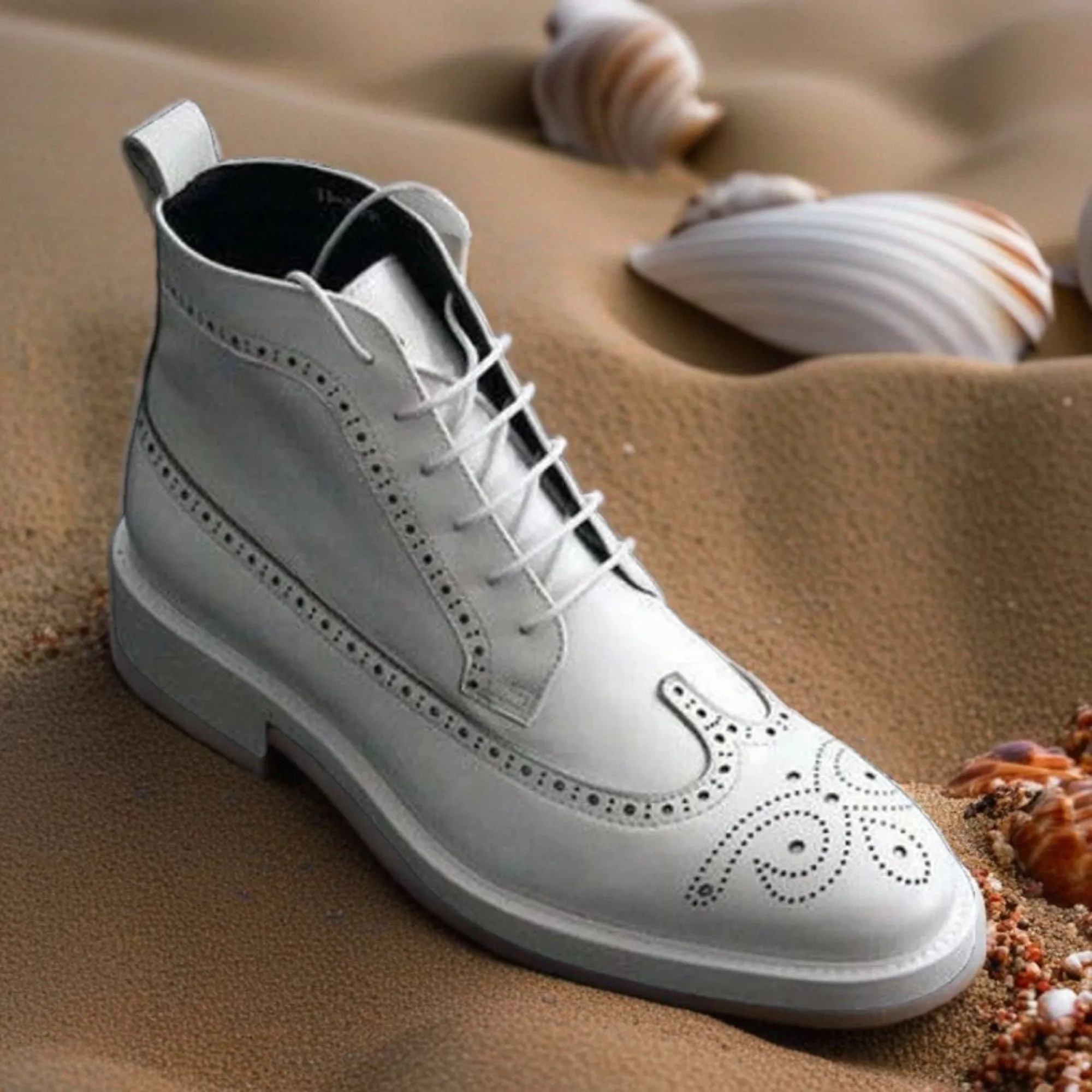 Men's Genuine White Leather Ankle High Long Brogue Wingtip Boots: White Leather Spectator Elegance