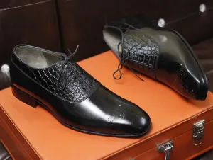 New Men's Handmade Formal Shoes Black Plain And Crocodile Textured Leather Lace Up Stylish Brogue Toe Dress & Formal Wear Shoes