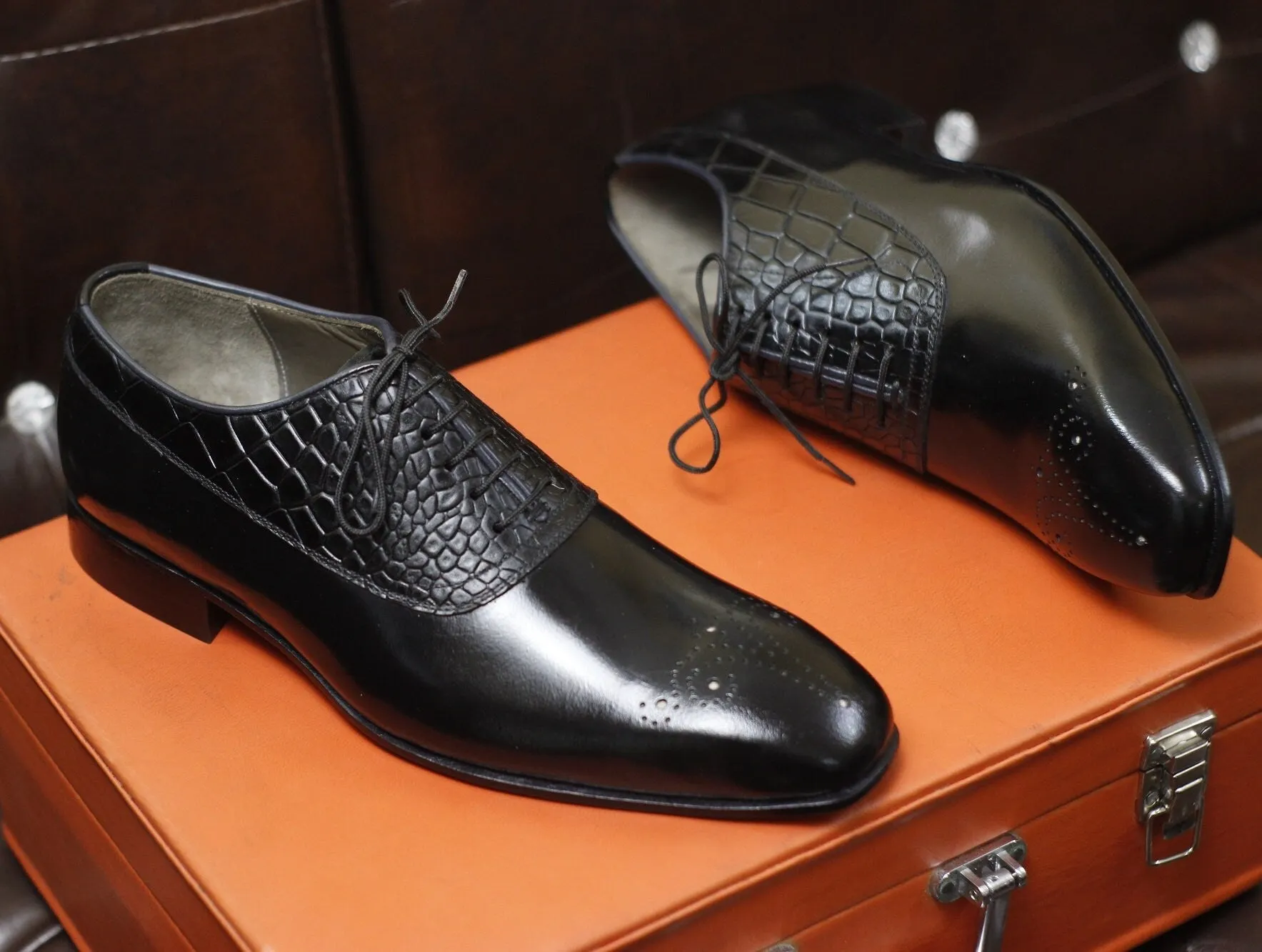 New Men's Handmade Formal Shoes Black Plain And Crocodile Textured Leather Lace Up Stylish Brogue Toe Dress & Formal Wear Shoes
