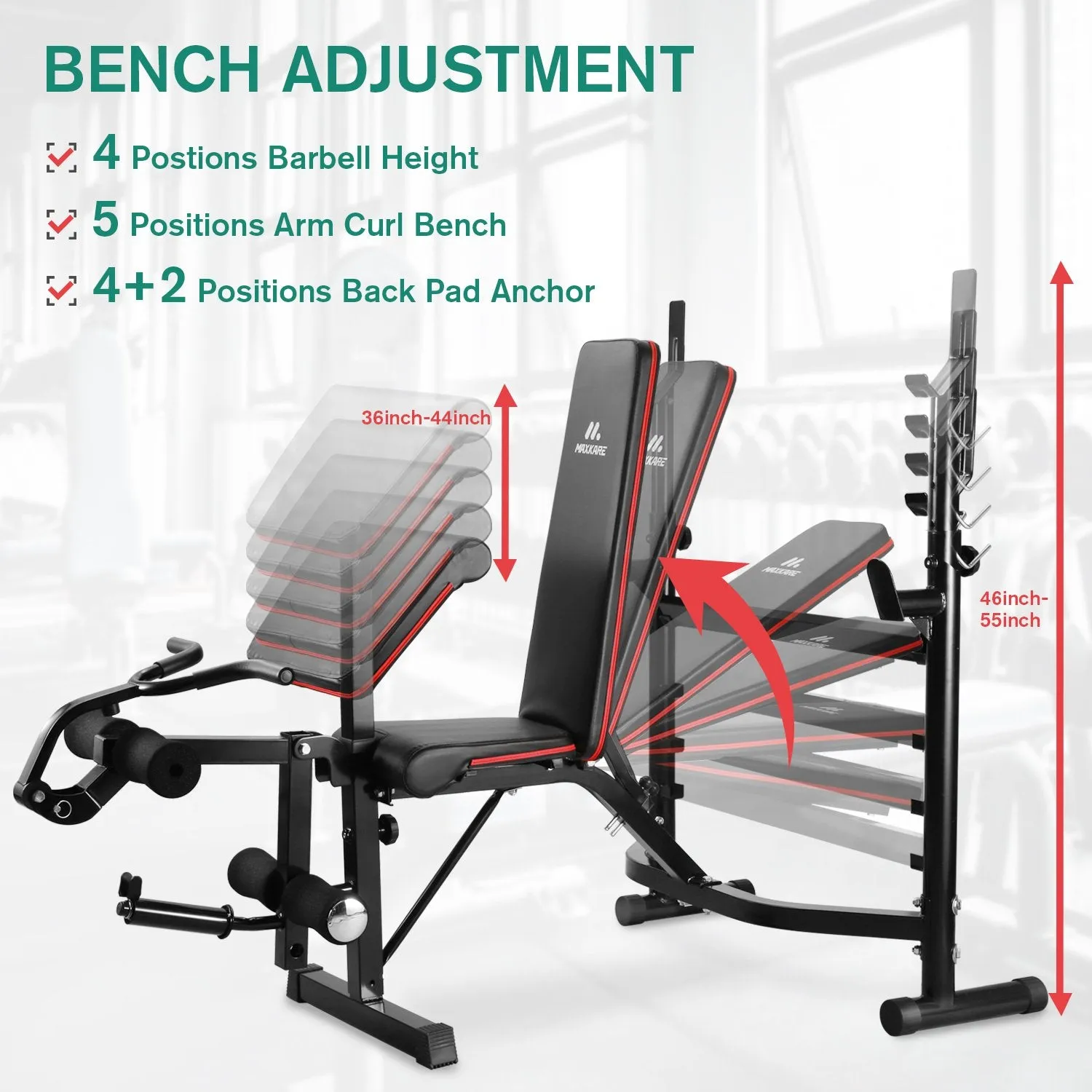 Olympic Weight Bench Adjustable Workout Bench Weight-Lifting Bed Exercise Bench with Squat Rack Leg Extension Preacher Curl Bench for Full Body Workout Strength Training Equipment for Home Gym