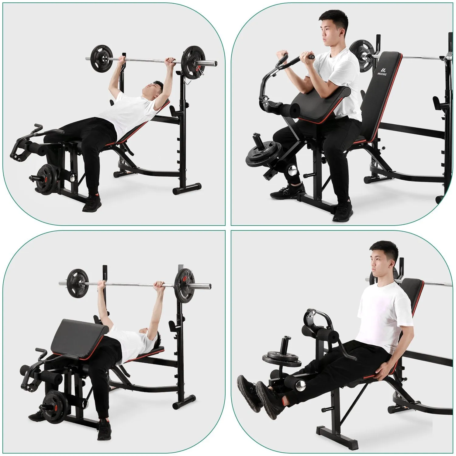 Olympic Weight Bench Adjustable Workout Bench Weight-Lifting Bed Exercise Bench with Squat Rack Leg Extension Preacher Curl Bench for Full Body Workout Strength Training Equipment for Home Gym