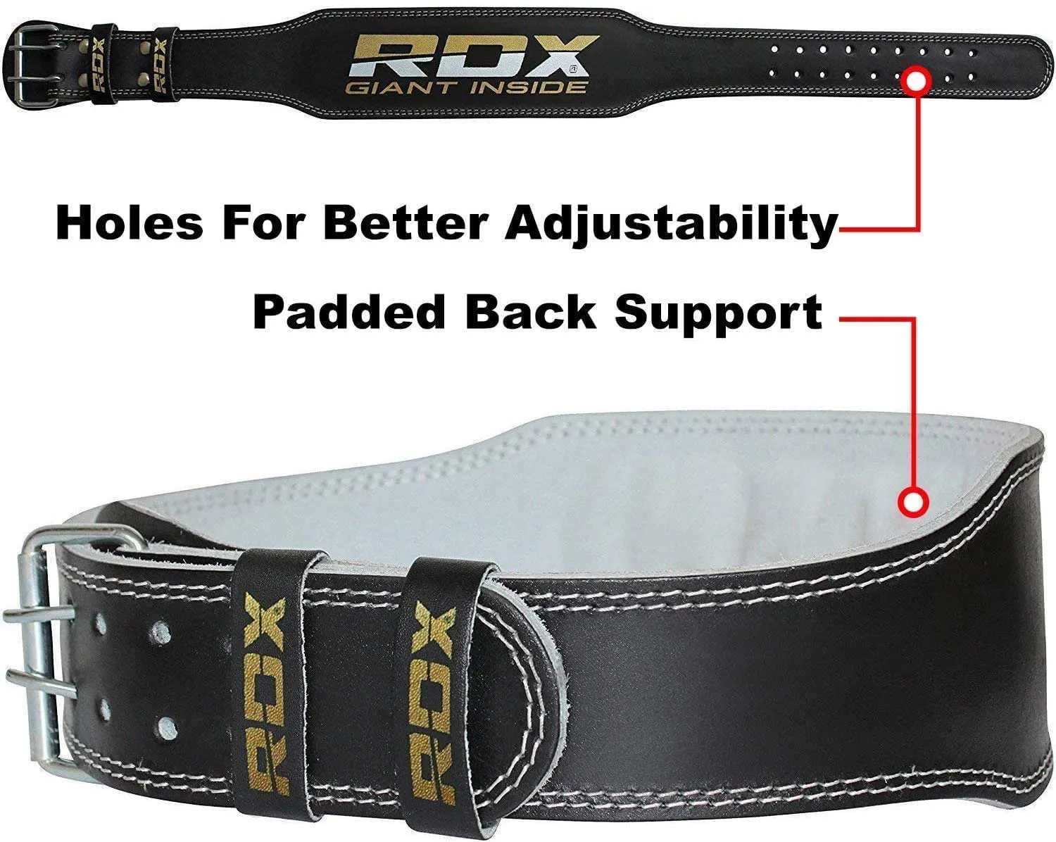 RDX Weight Lifting Belt Gym Fitness, Cowhide Leather, 4” Padded Lumbar Back Support, 10 Adjustable Holes, Powerlifting Bodybuilding Deadlifts Squats Exercise Workout, Strength Training Equipment