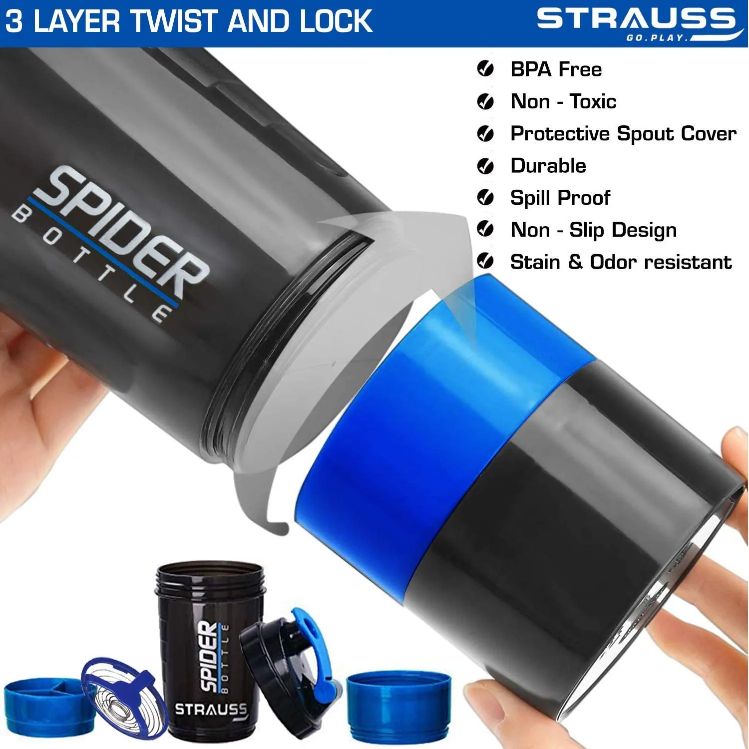 Strauss Spider Shaker Bottle 500 ml, (Blue), (Pack of 2)