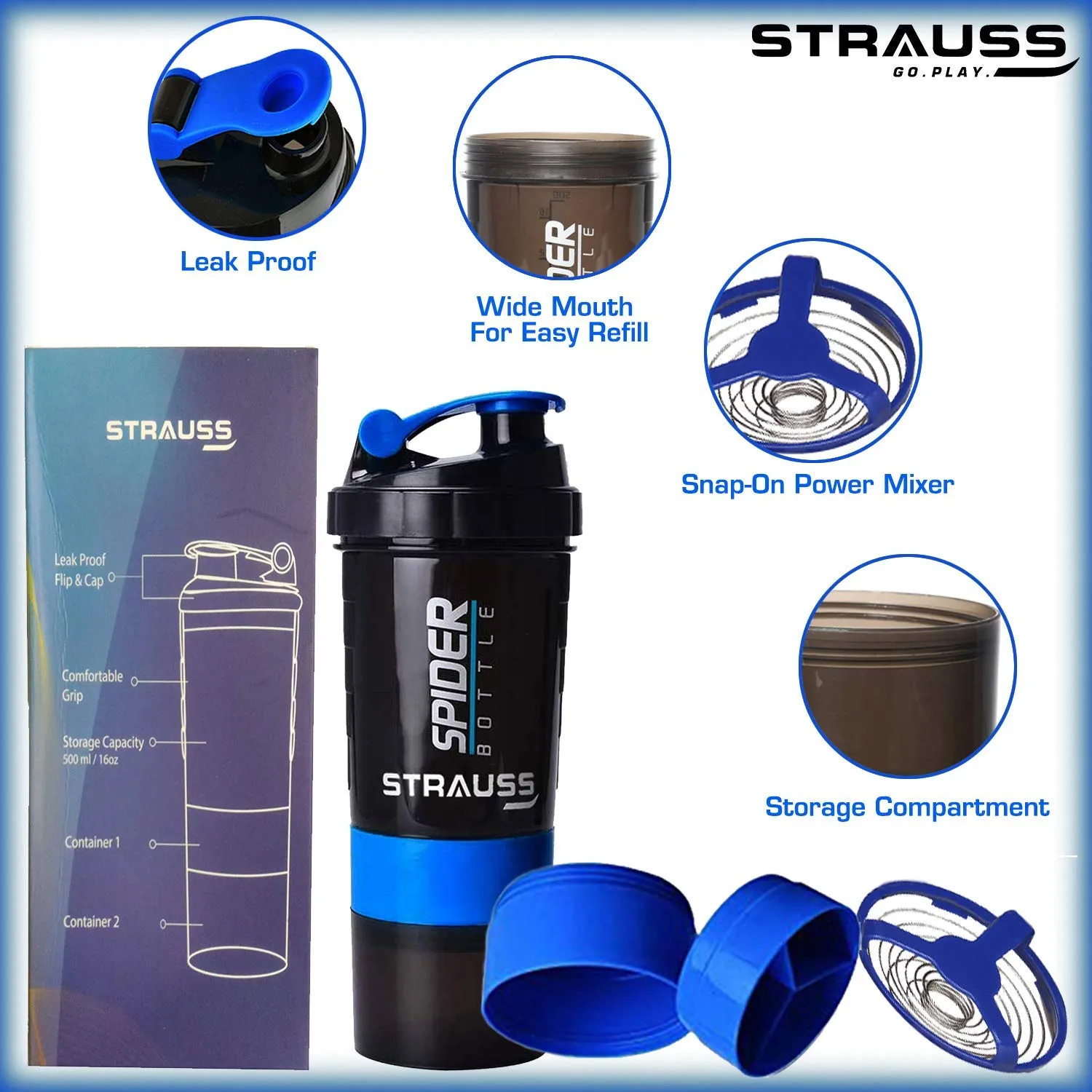 Strauss Spider Shaker Bottle 500 ml, (Blue), (Pack of 2)