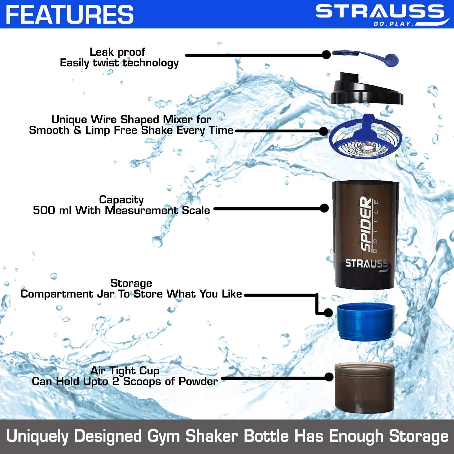 Strauss Spider Shaker Bottle 500 ml, (Blue), (Pack of 2)