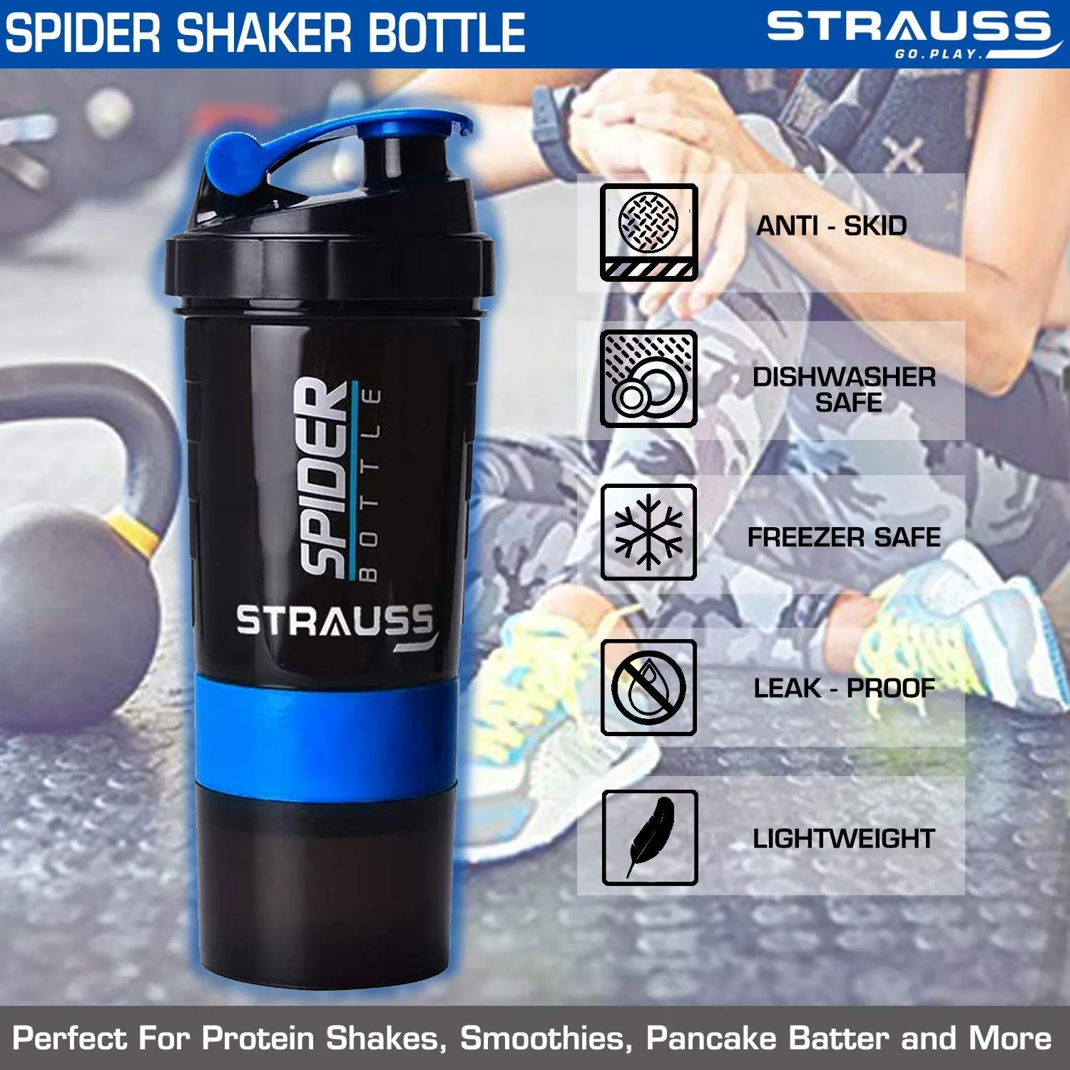Strauss Spider Shaker Bottle 500 ml, (Blue), (Pack of 2)