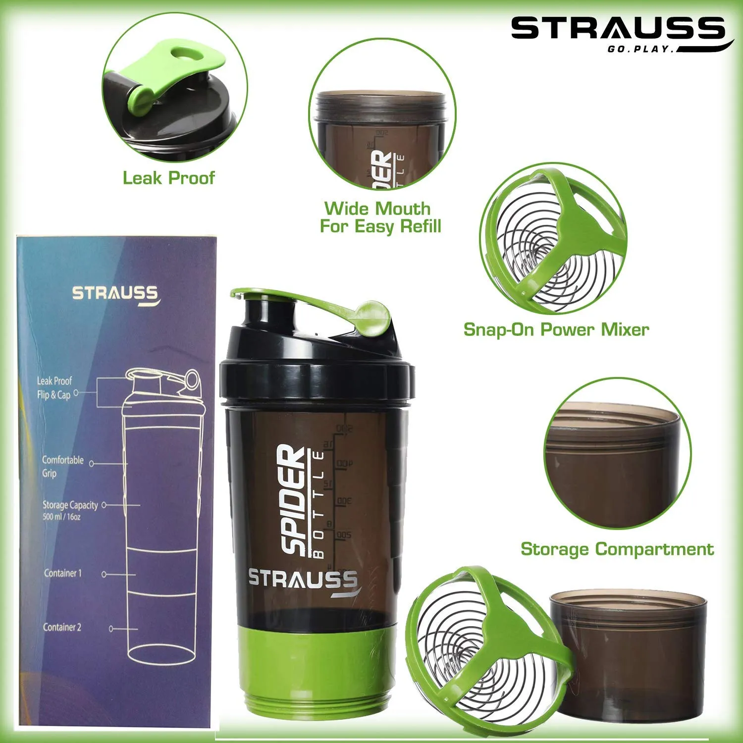 Strauss Spider Shaker Bottle 500 ml, (Green), (Pack of 2)