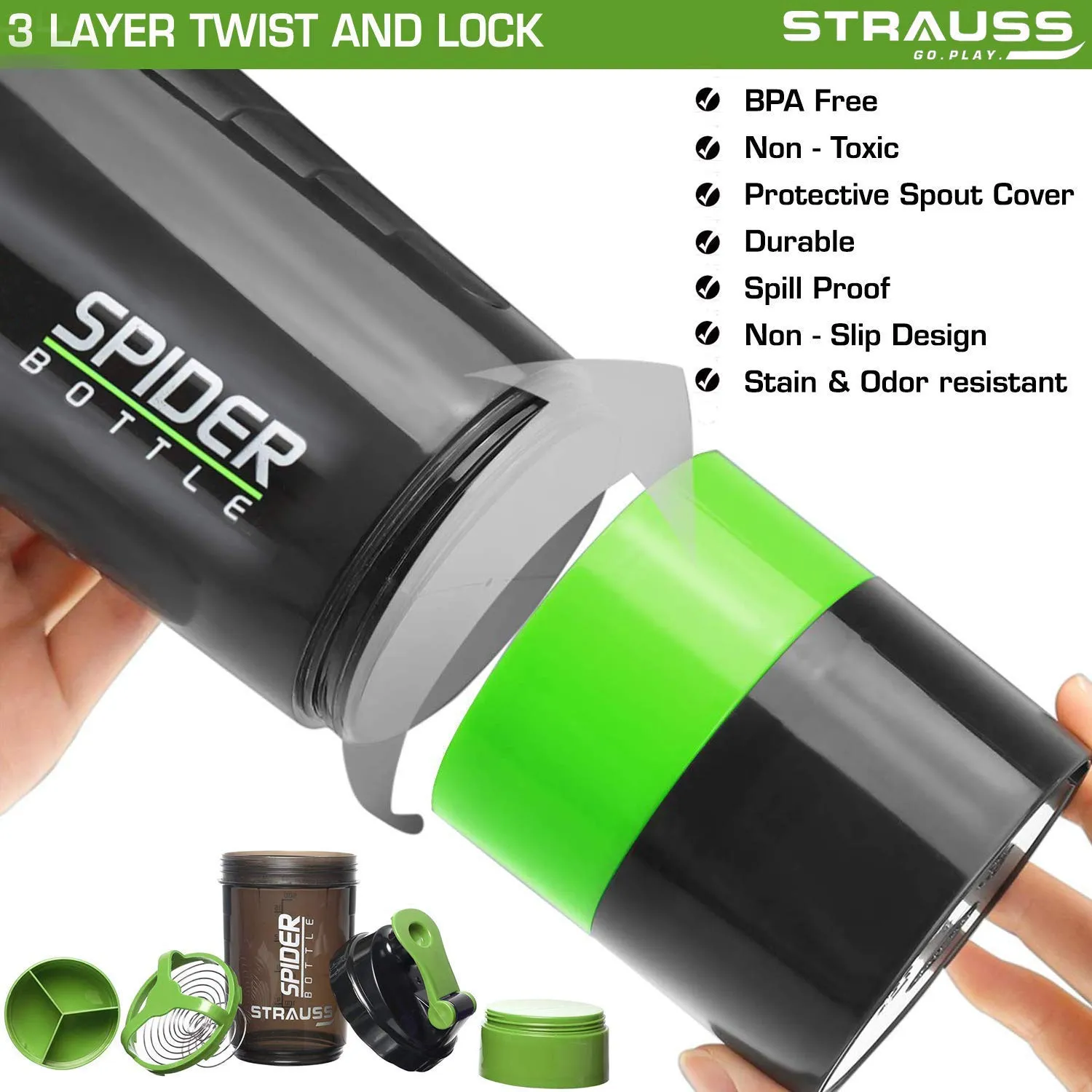 Strauss Spider Shaker Bottle 500 ml, (Green), (Pack of 2)