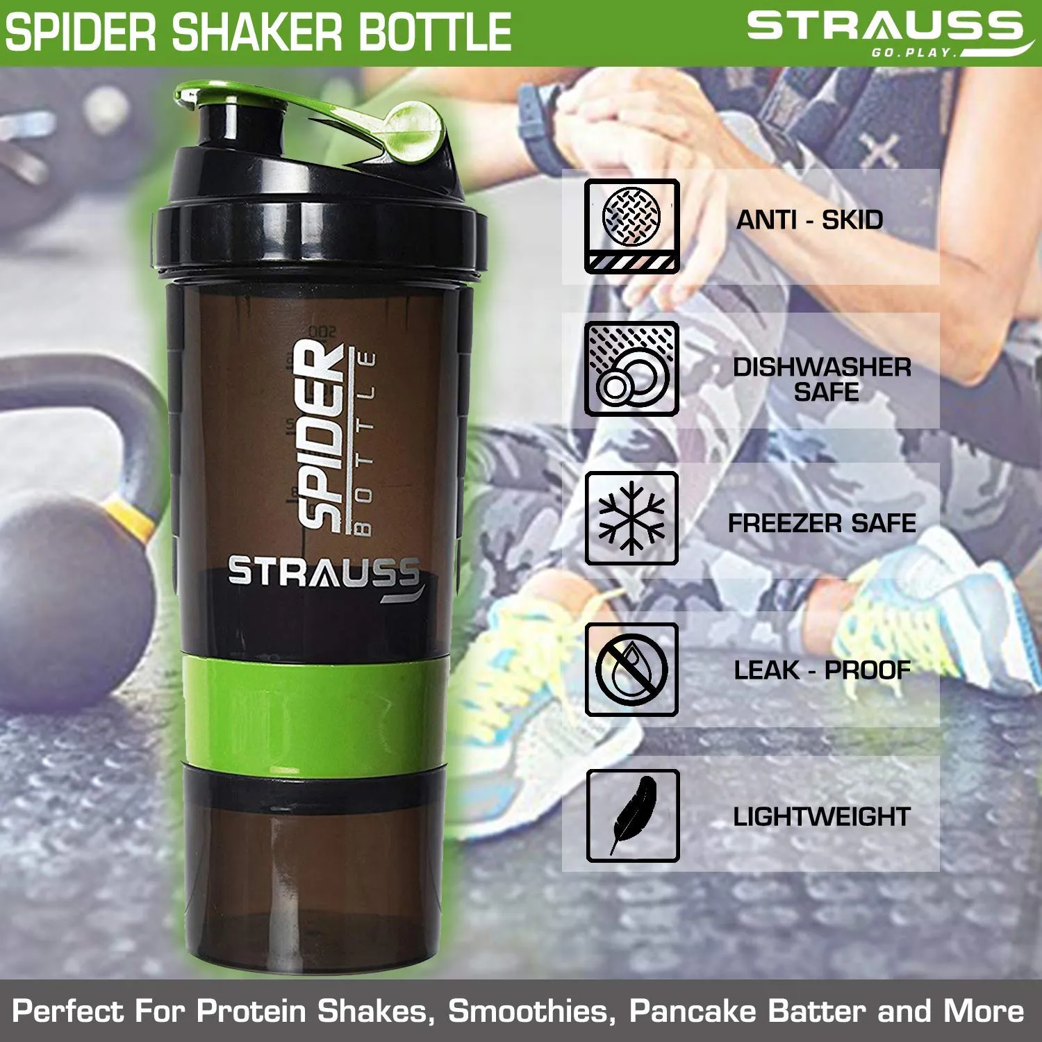 Strauss Spider Shaker Bottle 500 ml, (Green), (Pack of 2)