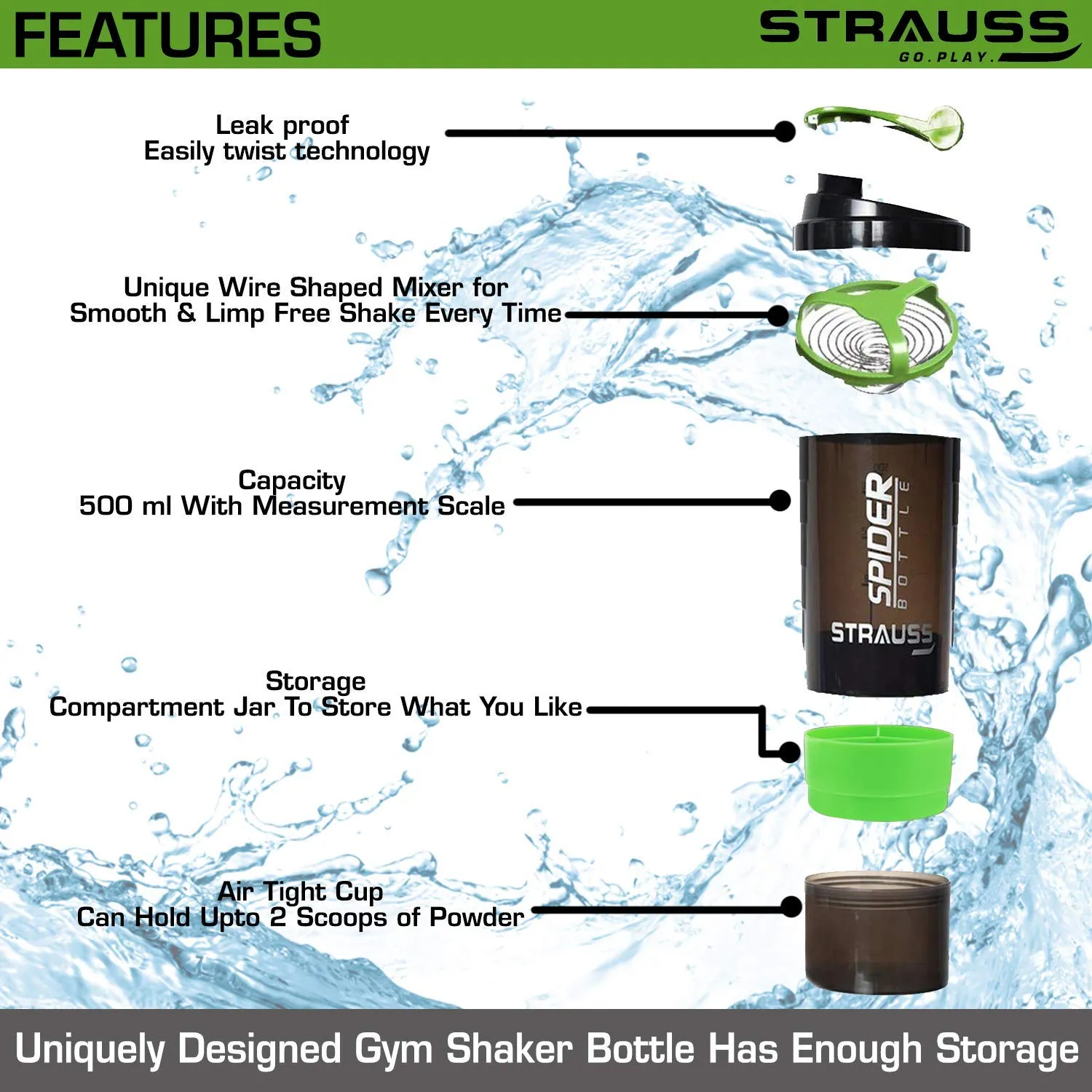 Strauss Spider Shaker Bottle 500 ml, (Green), (Pack of 2)