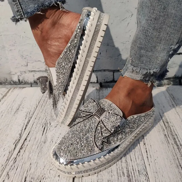 Women's fashion glitter slip on sneakers rhinestone shiny crystal platform sneakers