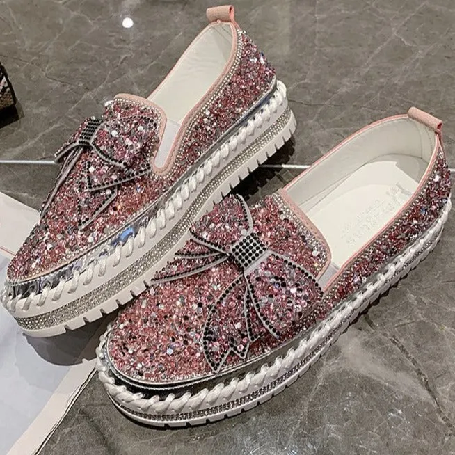 Women's fashion glitter slip on sneakers rhinestone shiny crystal platform sneakers