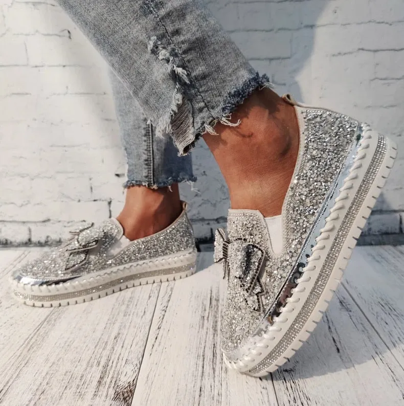 Women's fashion glitter slip on sneakers rhinestone shiny crystal platform sneakers