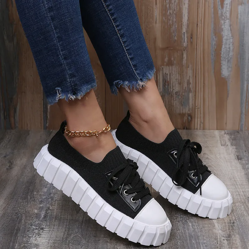 Women's Slip-On Shoes, Women's Platform Comfort Lightweight Solid Lace-Up Sneakers