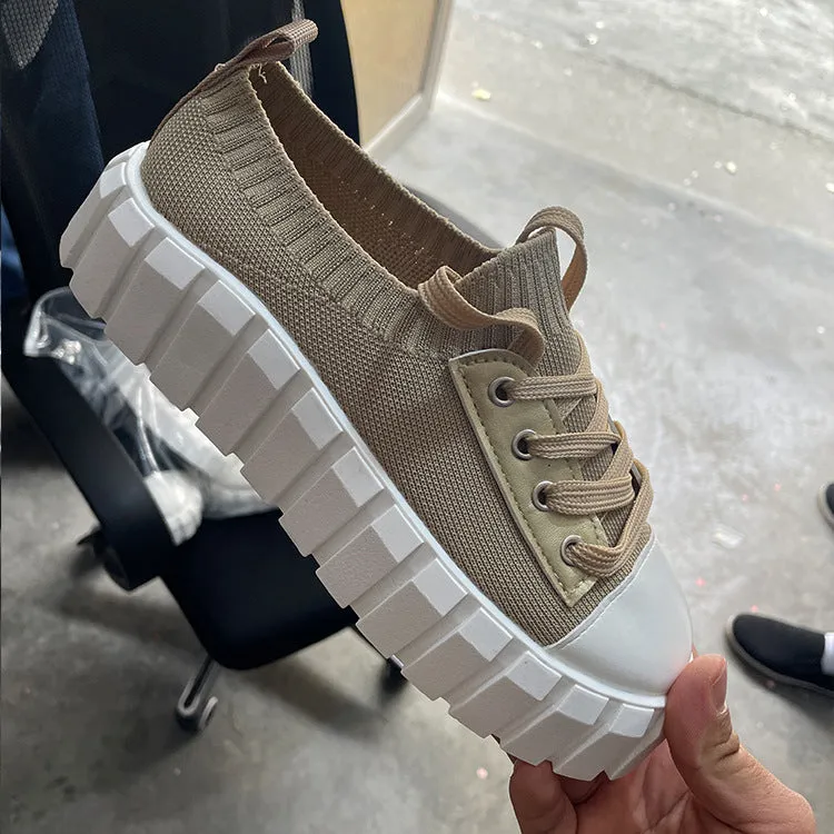 Women's Slip-On Shoes, Women's Platform Comfort Lightweight Solid Lace-Up Sneakers