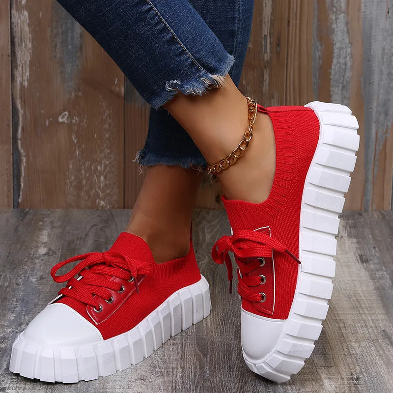 Women's Slip-On Shoes, Women's Platform Comfort Lightweight Solid Lace-Up Sneakers