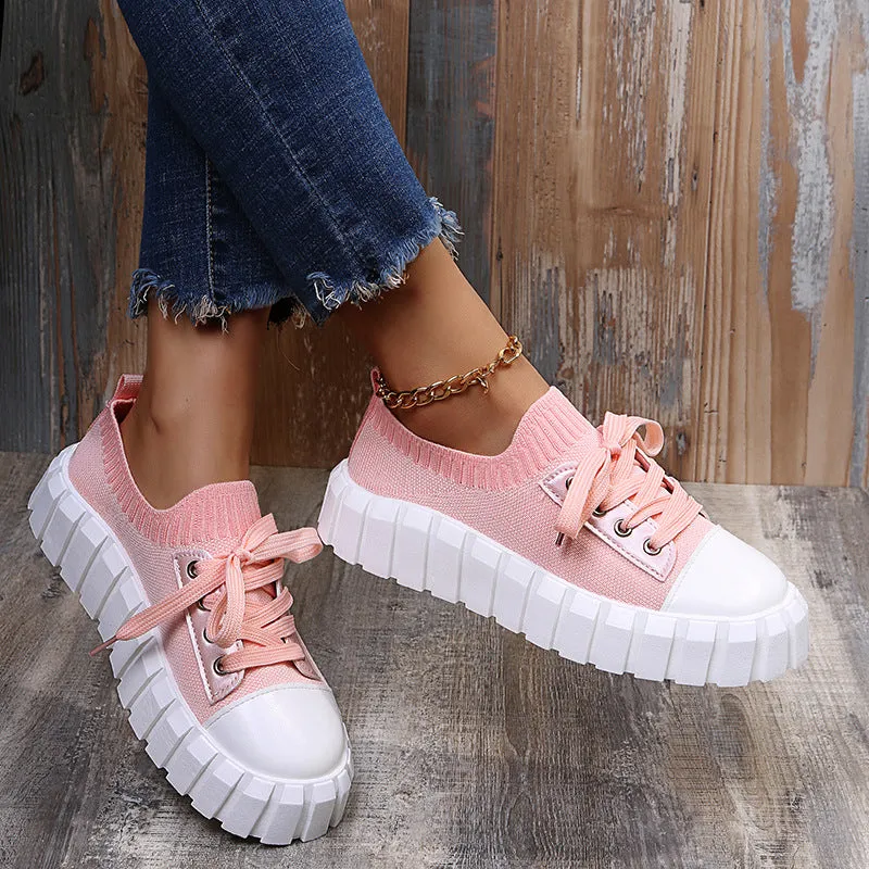 Women's Slip-On Shoes, Women's Platform Comfort Lightweight Solid Lace-Up Sneakers