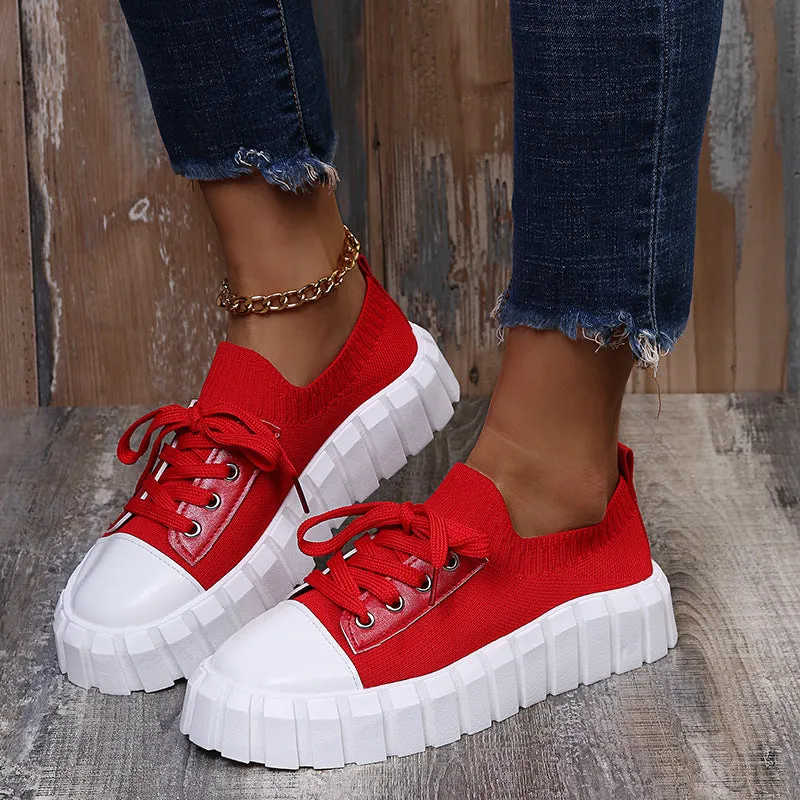 Women's Slip-On Shoes, Women's Platform Comfort Lightweight Solid Lace-Up Sneakers