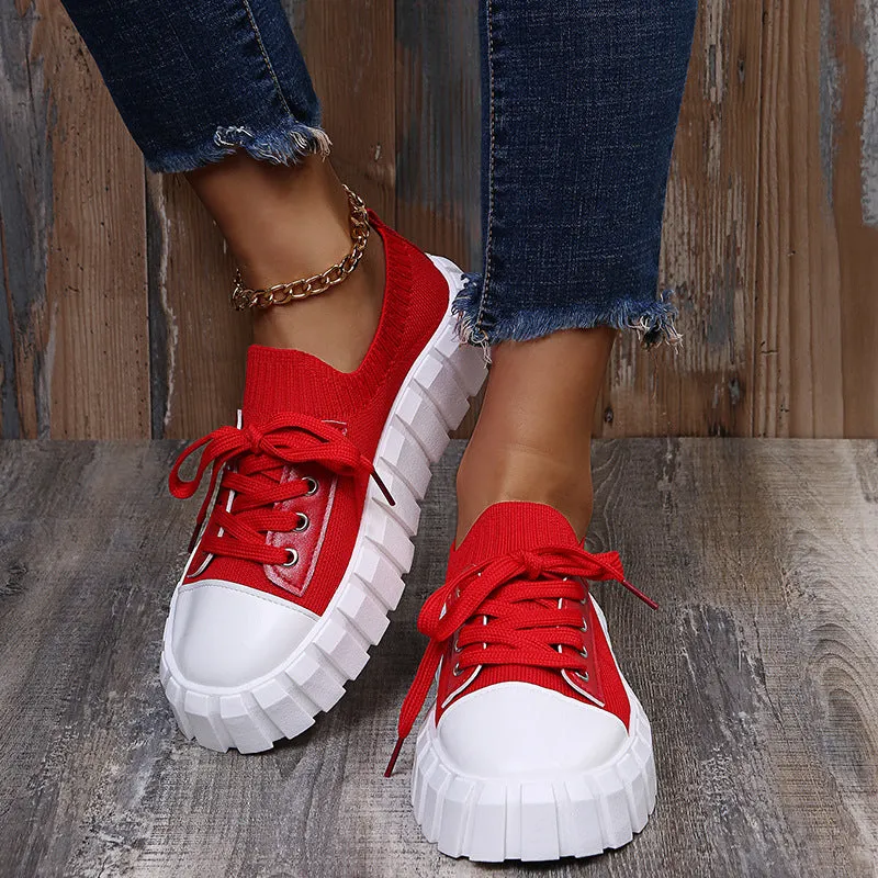 Women's Slip-On Shoes, Women's Platform Comfort Lightweight Solid Lace-Up Sneakers