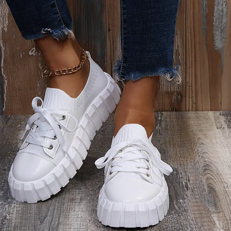 Women's Slip-On Shoes, Women's Platform Comfort Lightweight Solid Lace-Up Sneakers