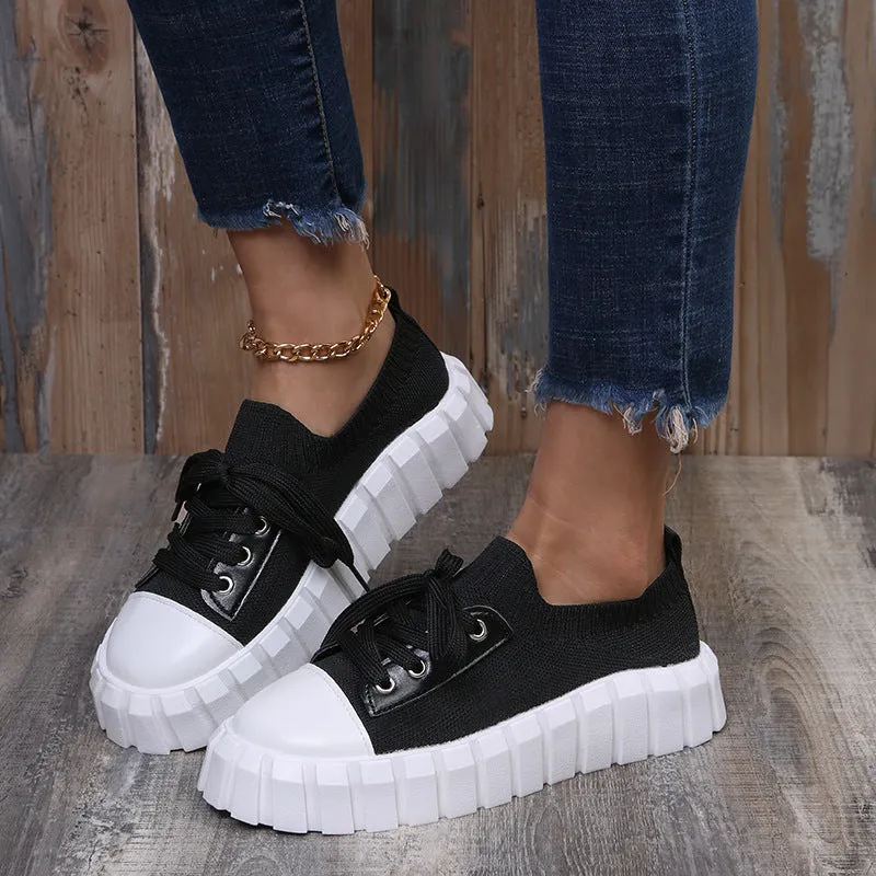 Women's Slip-On Shoes, Women's Platform Comfort Lightweight Solid Lace-Up Sneakers