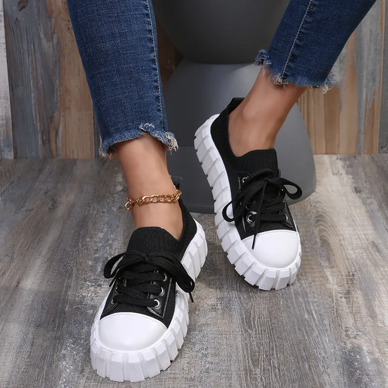 Women's Slip-On Shoes, Women's Platform Comfort Lightweight Solid Lace-Up Sneakers