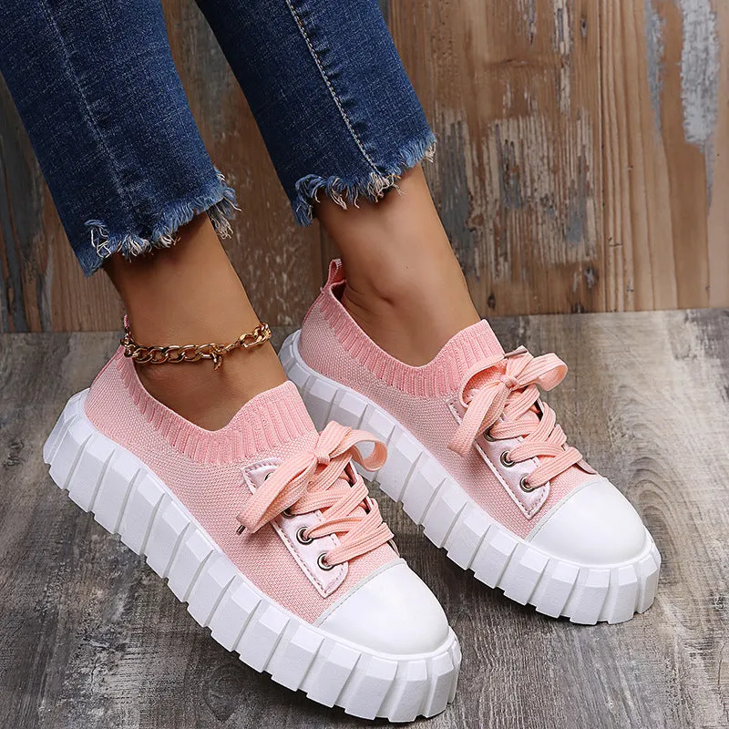 Women's Slip-On Shoes, Women's Platform Comfort Lightweight Solid Lace-Up Sneakers